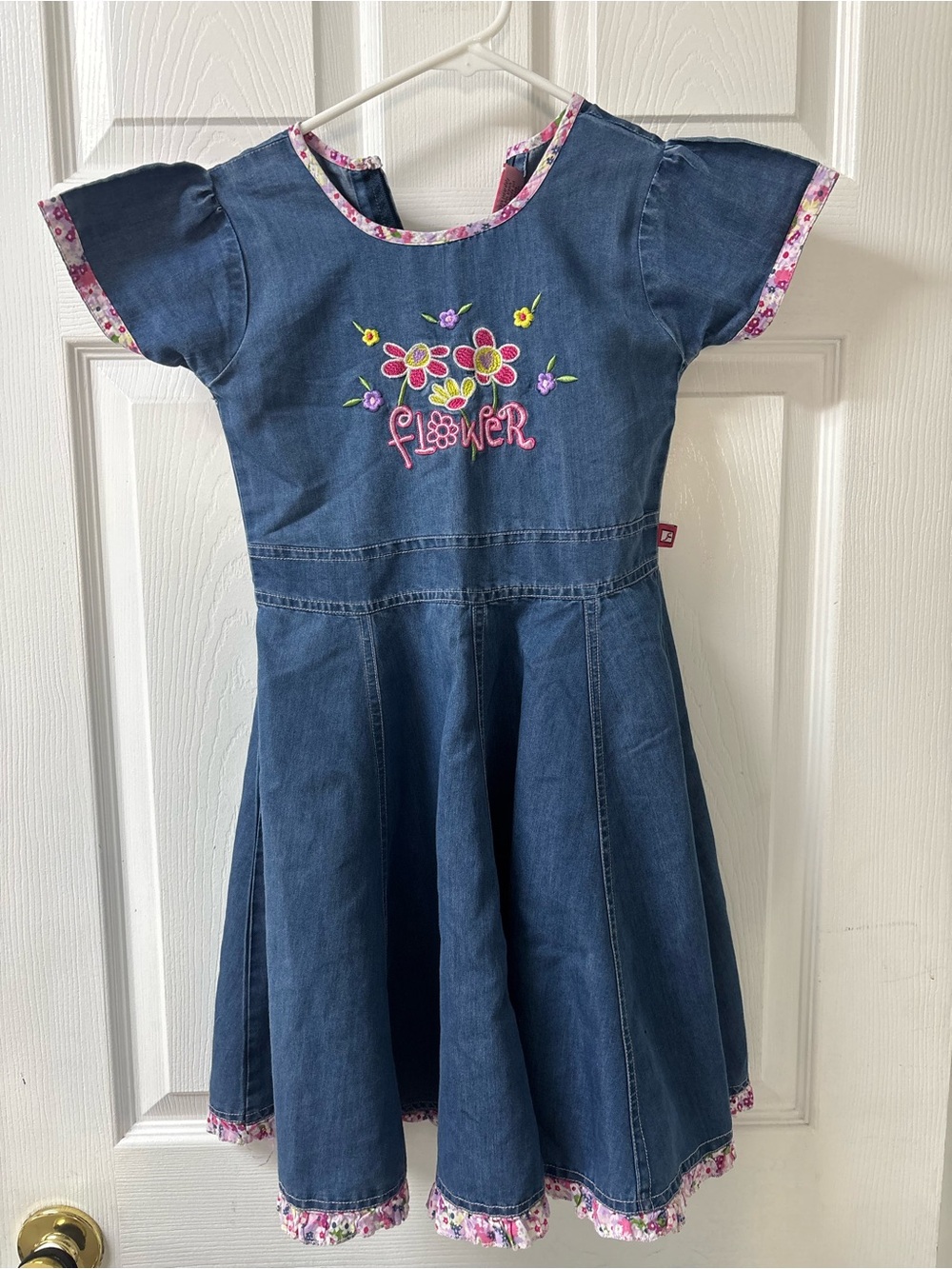 Shrawanti Denim Embroidered Flower Ruffle Blue Dress Cap Sleeve Girls Size 28 - Picture 1 of 8